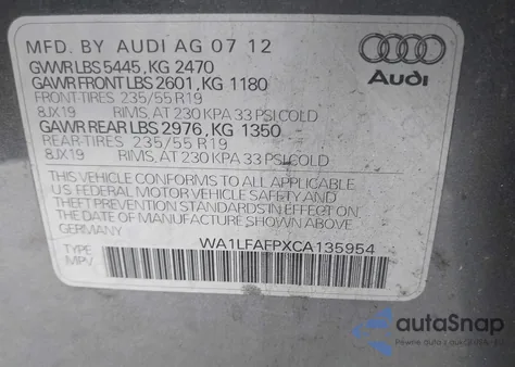 2012 Audi Q5 2.0T Premium from USA, damaged, VIN WA1LFAFPXCA135954
